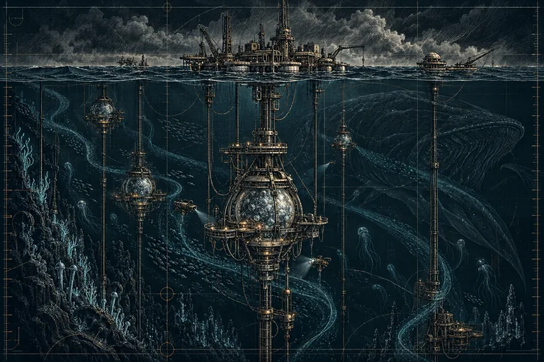 An ocean cross-section connects the floating cities of Hydros to harvesting platforms, quantum currents and a distant leviathan.
