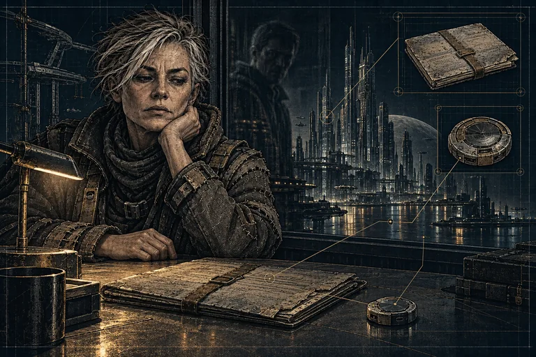 An inheritance folio on a desk, a waiting recipient and a watcher reflected against the towers of Valerius Prime.