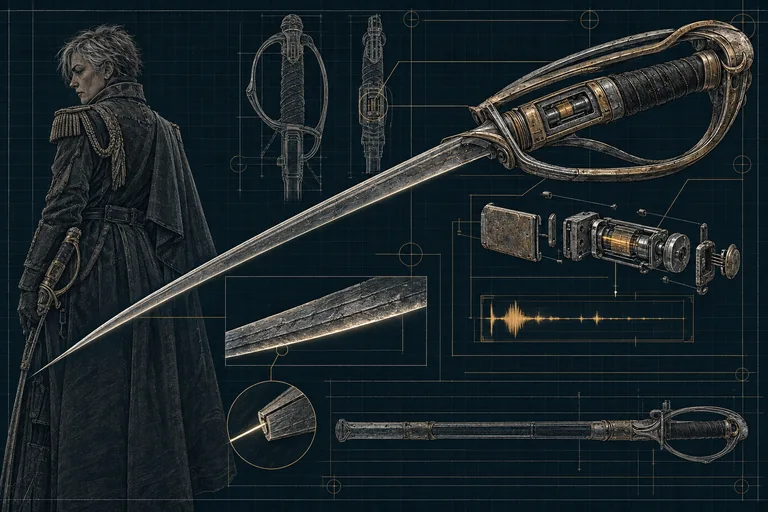 A ceremonial monofilament sword and its hilt recording module, accompanied by an officer portrait.