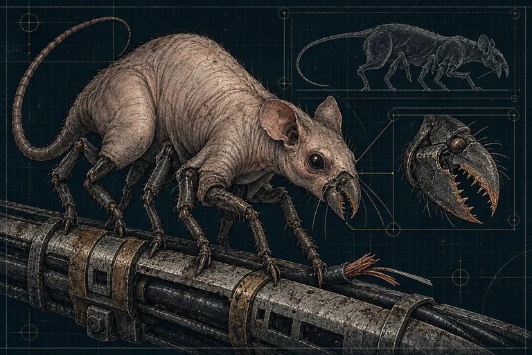 A many-legged Charon Skitter-Rat stands over severed copper wire, with a detailed study of its mandibles.