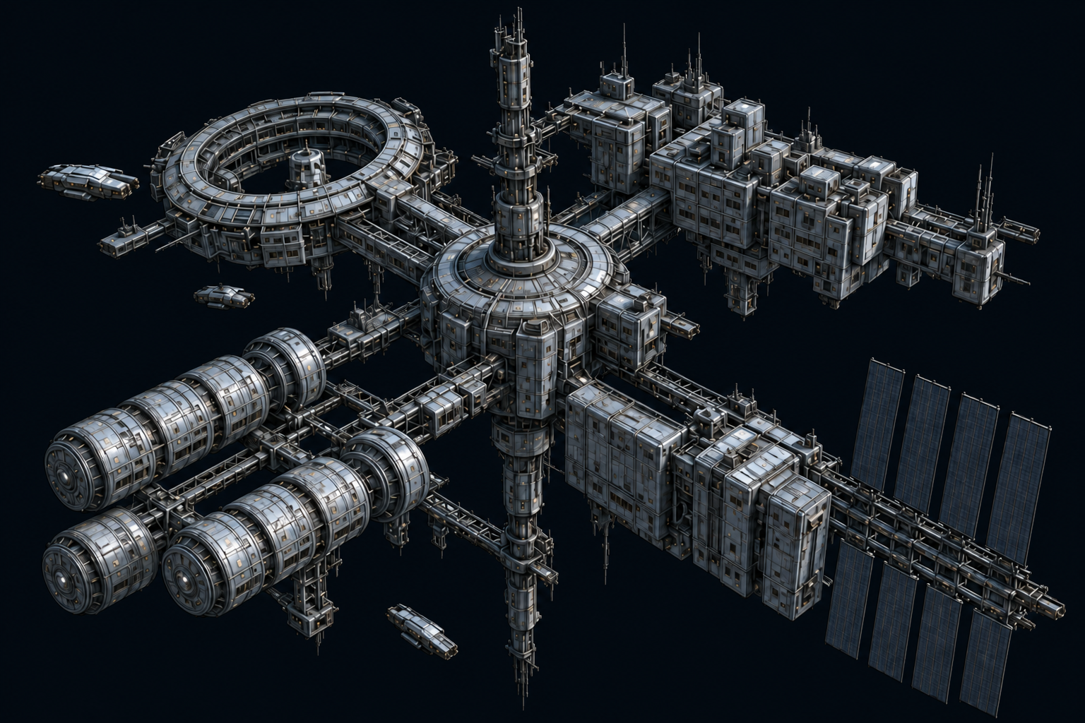 Unpowered Charon’s Refuge: docking ring, commercial blocks, residential cylinders, engineering modules and a central research spine.