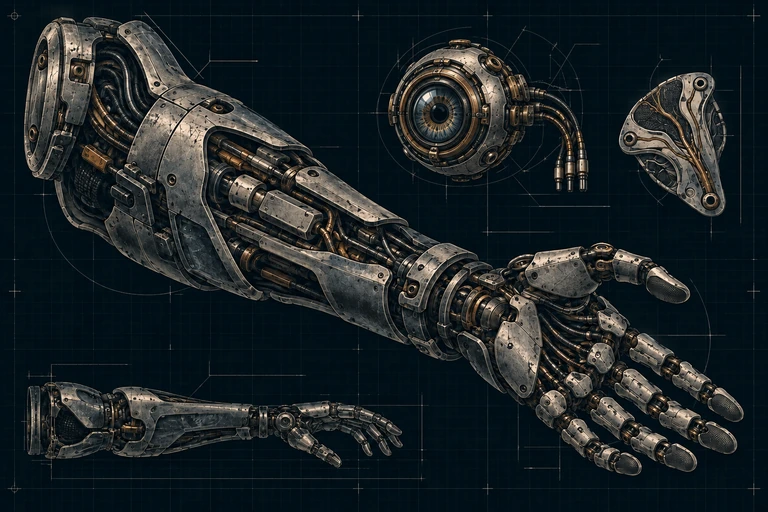 Detailed cybernetic arm with a bionic eye, neural implant and supporting side view.