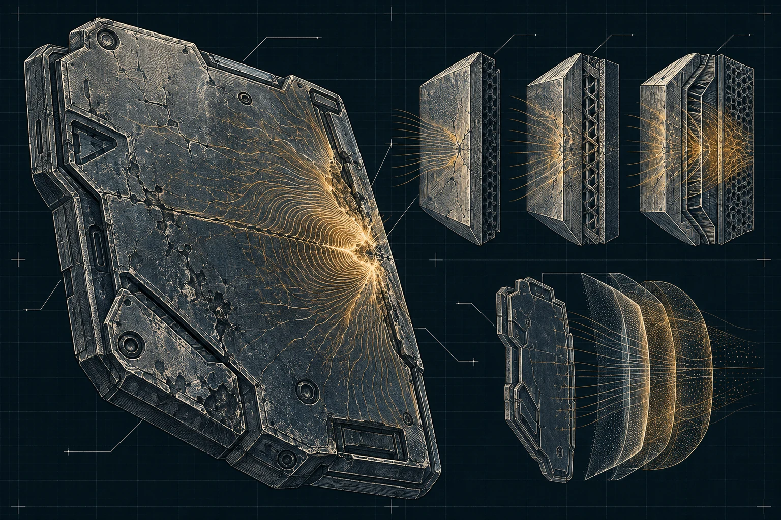 Armor layers separating under different types of impact.