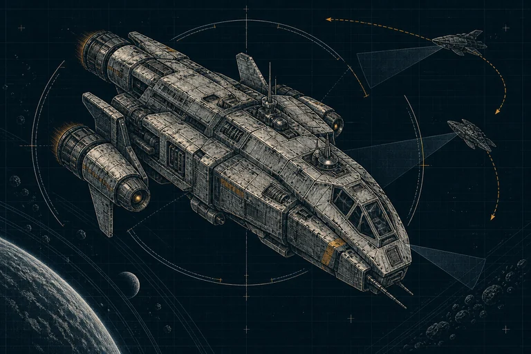 Spacecraft cutaway with weapon arcs, stations, sensor ranges and maneuver paths.