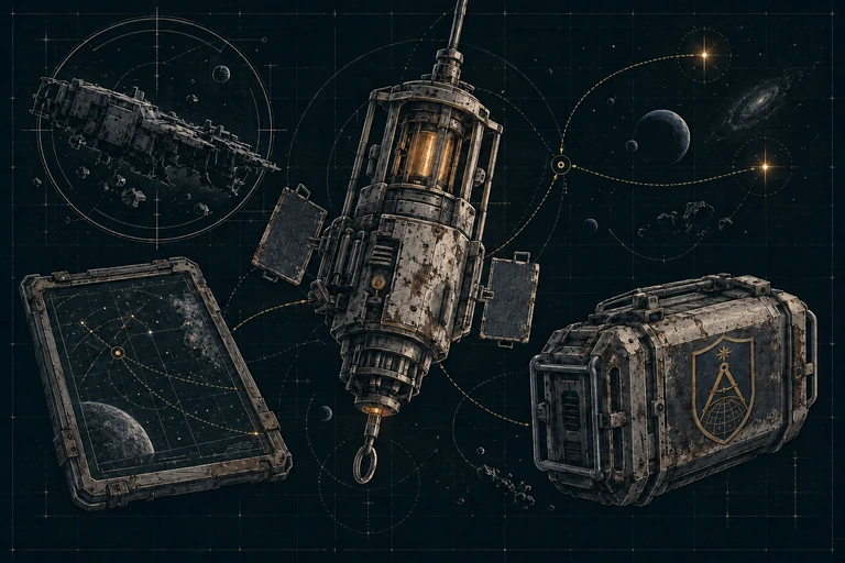 Distress beacon, star chart and equipment case bearing the Explorers’ Guild shield.