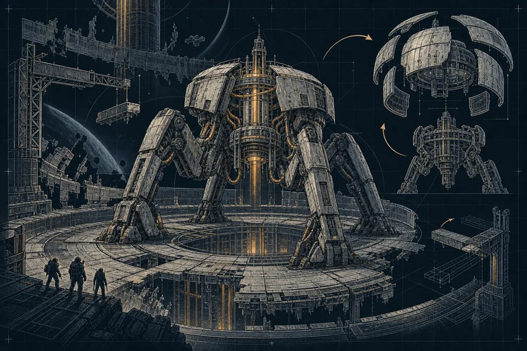 Colossal four-legged guardian above a small crew, surrounded by arena phases and tactical schematics.