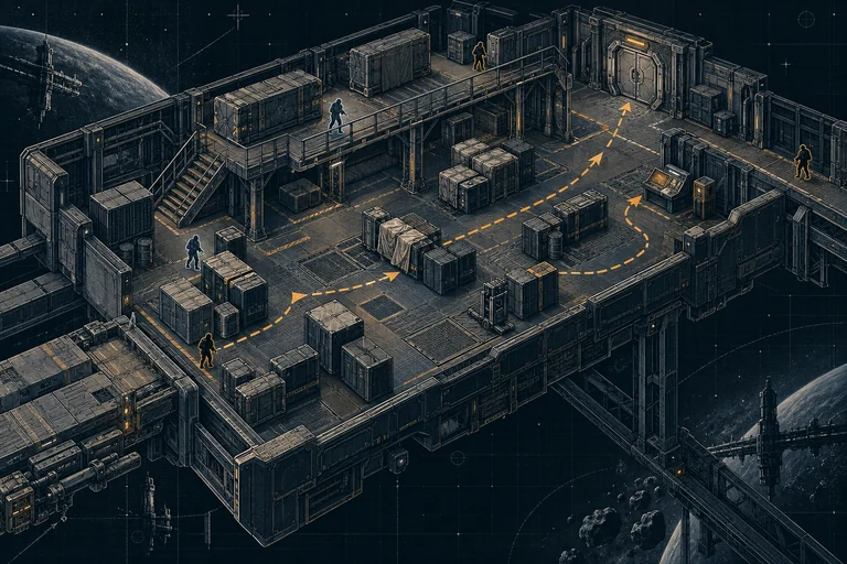 Isometric orbital concourse with cover, elevated walkways, approach routes and crew positions.