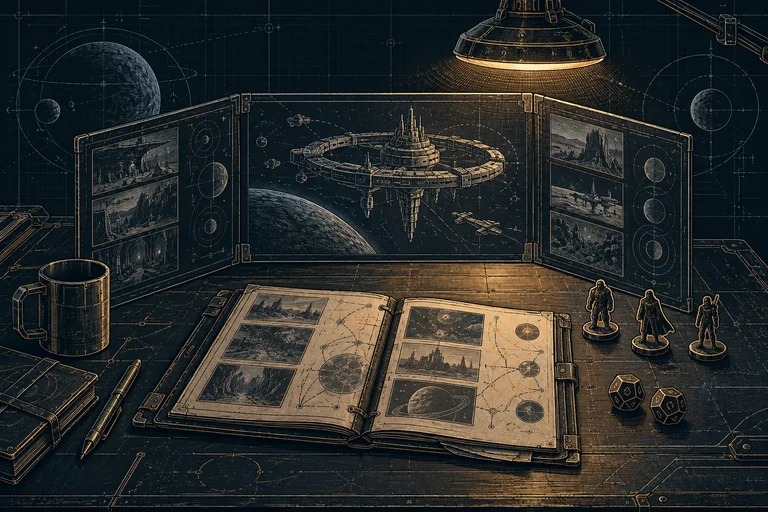 An etched Keeper screen, notebook, dice and scene tokens laid out on a dark table.