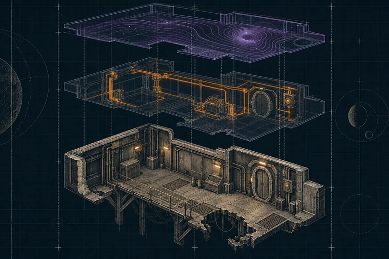 Exploded view of the same orbital platform: physical structure below, amber system routes in the middle and violet Veil distortion above.