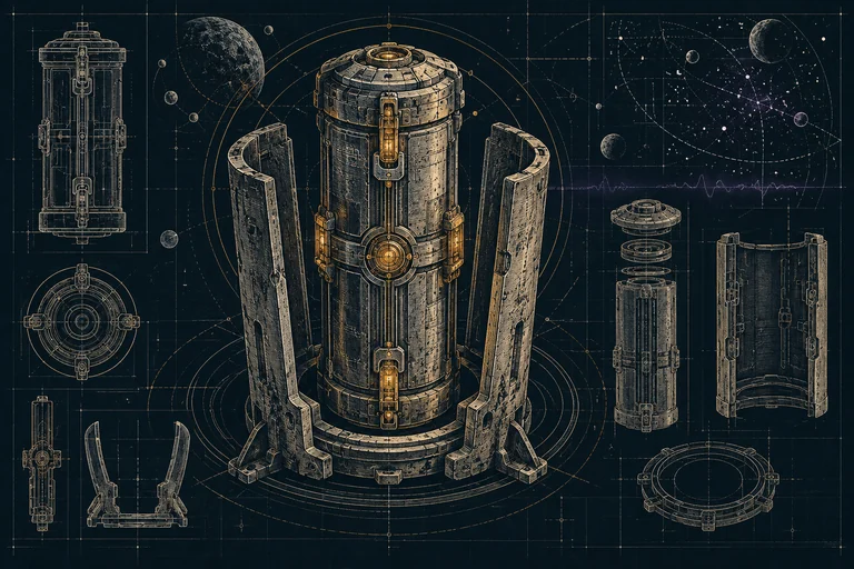 Sealed ancient archive and a suspended relic illustrated as a restricted technical dossier.