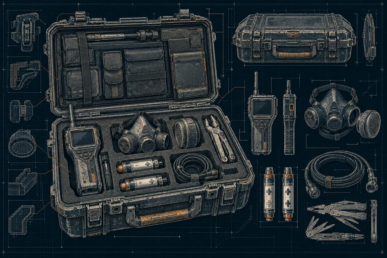 Field equipment, armor and tools arranged as an archival technical plate.