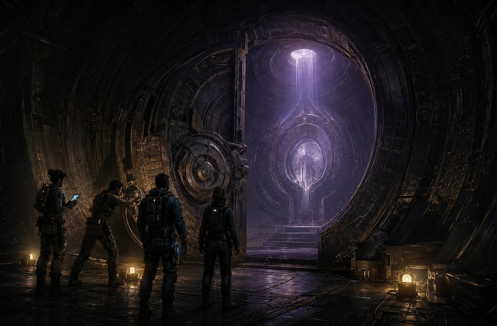 VeilFarers explorers confronting a monumental Precursor vault
