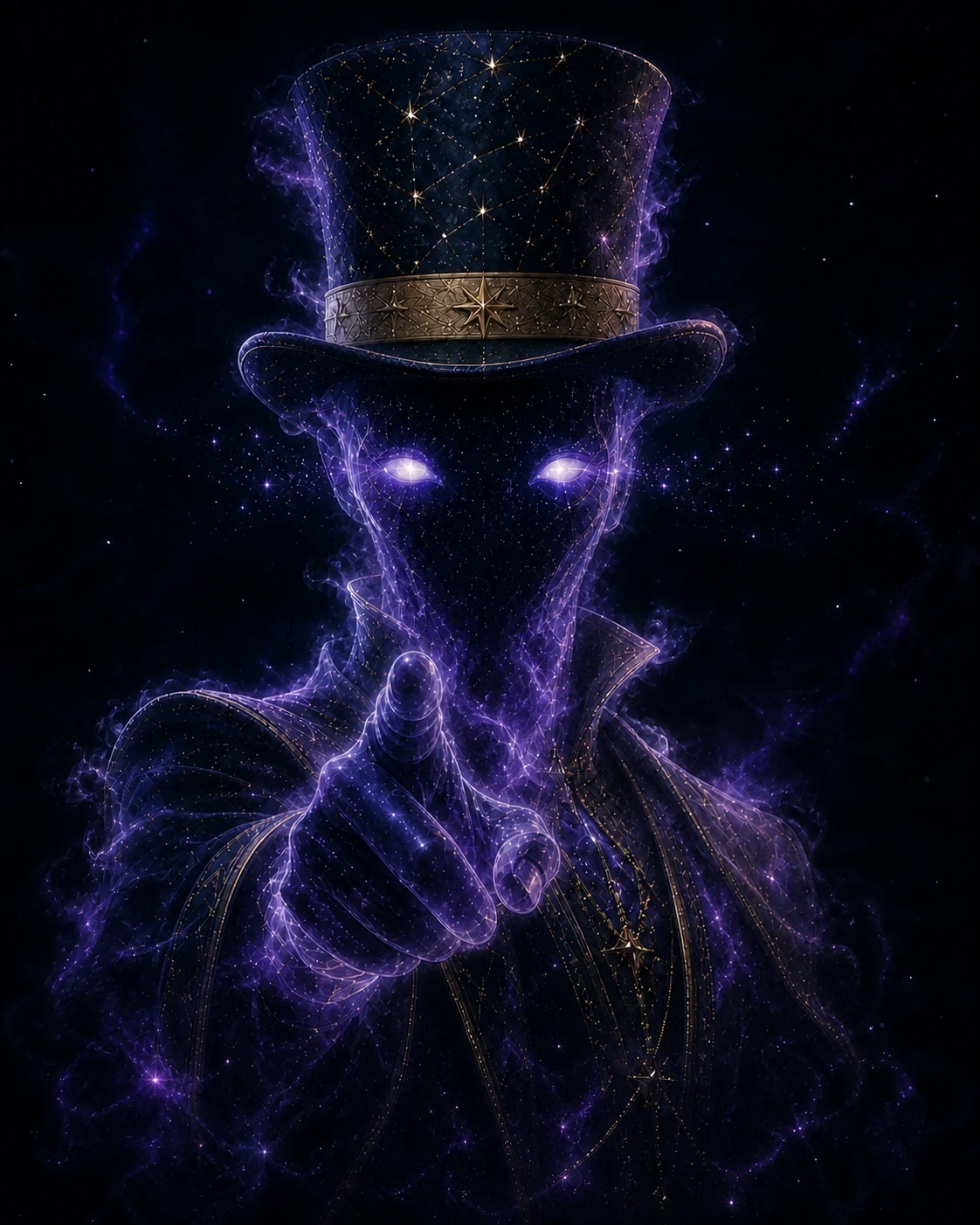 A smoky Ethereal in a constellation hat points toward the viewer