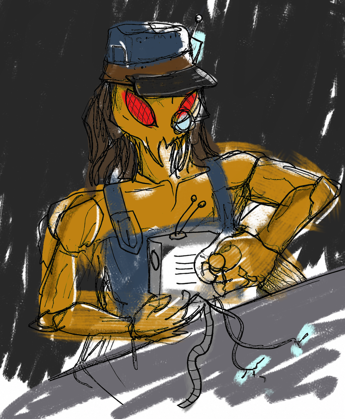 Colour sketch of Xirith's four-armed mechanic repairing a computer at the workbench