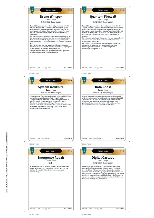 A low-ink A4 sheet of six domain power cards on white backgrounds, retaining colored banners and domain symbols.